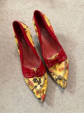 Vintage Gelati Spain Leather Kitten Heels Butterfly Print Cottage Whimsigoth